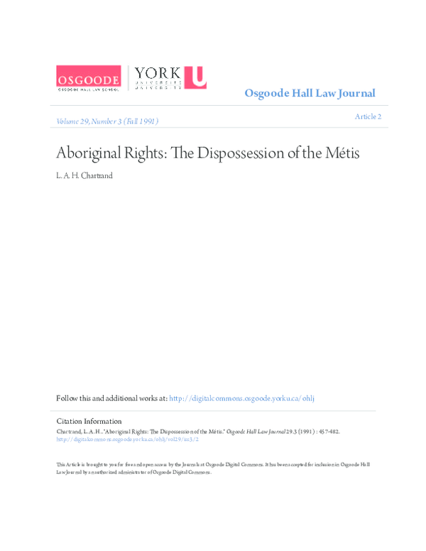 (PDF) “Aboriginal Rights: The Dispossession of the Metis” (1991) 29 ...
