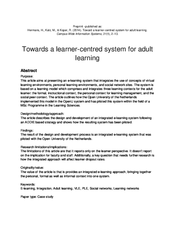 (PDF) Towards a learner-centred system for adult learning
