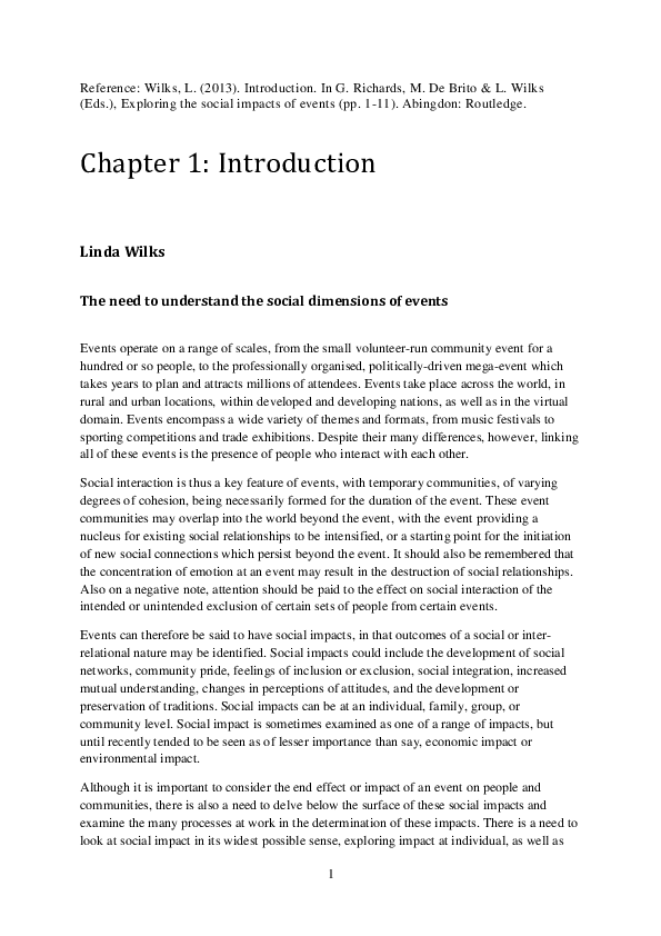 (PDF) Introduction to Exploring the social impacts of events Linda