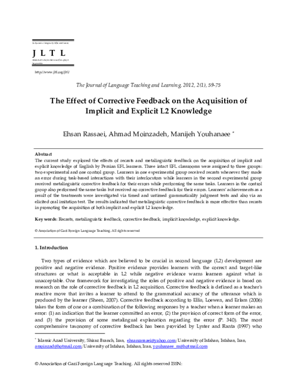 (PDF) Effects of Recasts and Metalinguistic Corrective Feedback on the ...
