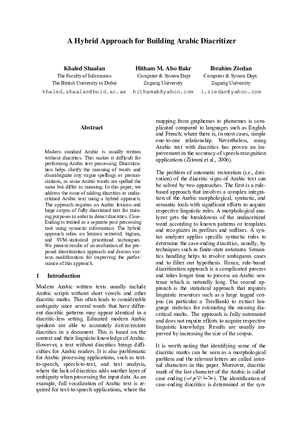 (PDF) A Hybrid Approach for Building Arabic Diacritizer