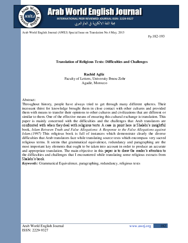 (PDF) Translation of Religious Texts Difficulties and Challenges