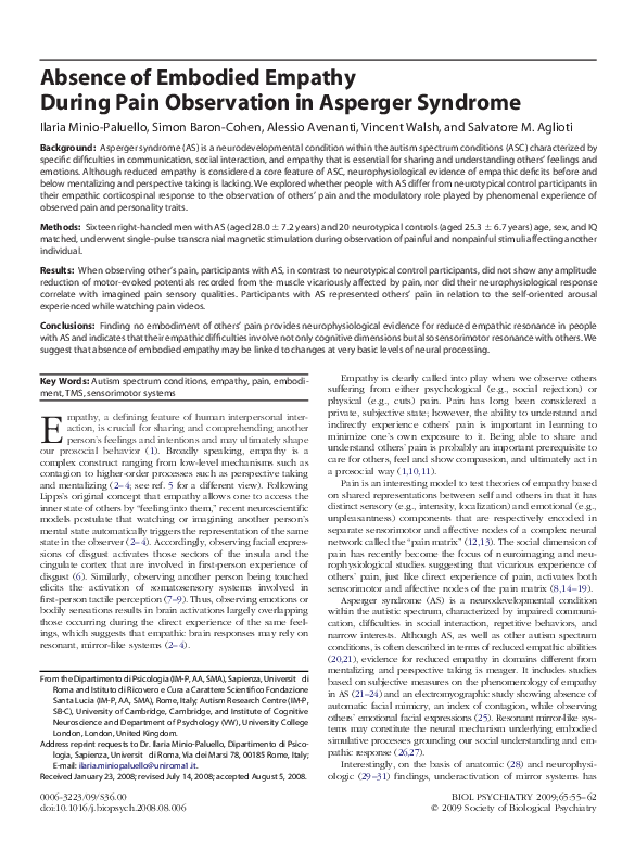 (PDF) Absence of embodied empathy during pain observation in Asperger ...