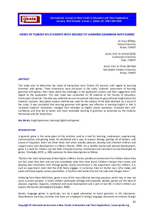 (PDF) Views of Turkish EFL Students with Regard to Learning Grammar ...
