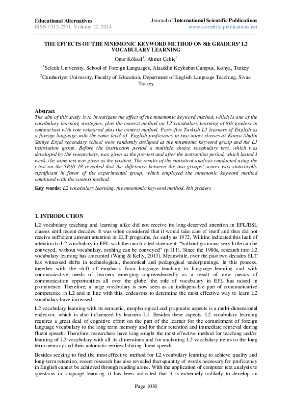 (PDF) The Effects of the Mnemonic Keyword Method on 8th Graders’ L2 ...