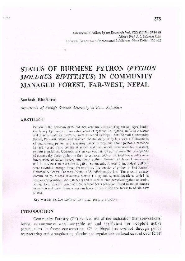 (PDF) Status of Burmese python in Community managed forest, Far-west ...