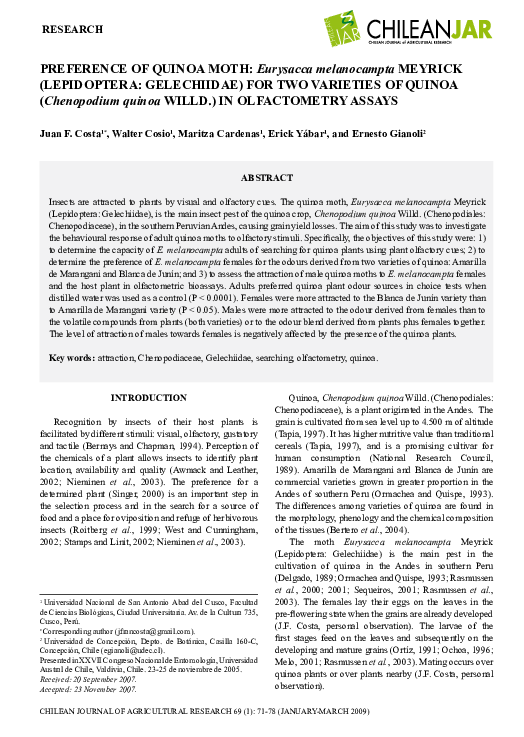 (PDF) PREFERENCE OF QUINOA MOTH Eurysacca melanocampta MEYRICK Erick