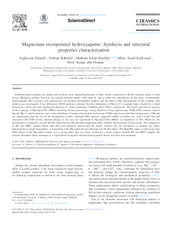 (PDF) Magnesium incorporated hydroxyapatite: Synthesis and structural ...