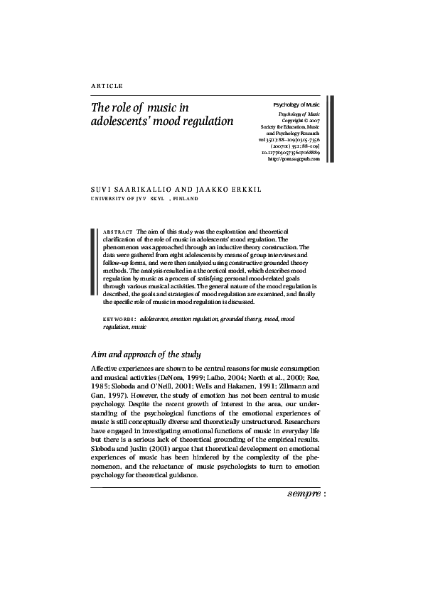 (PDF) The role of music in adolescents' mood regulation