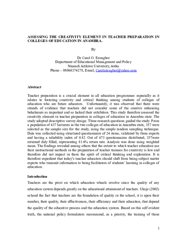 (DOC) ASSESSING THE CREATIVITY ELEMENT IN TEACHER PREPARATION IN ...