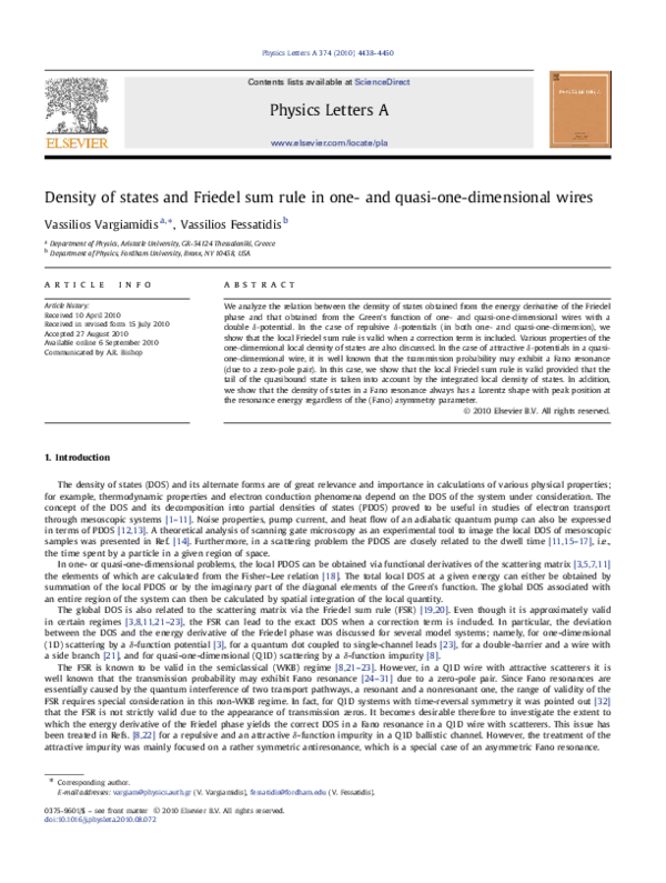 (PDF) Density of states and Friedel sum rule in one- and quasi-one ...