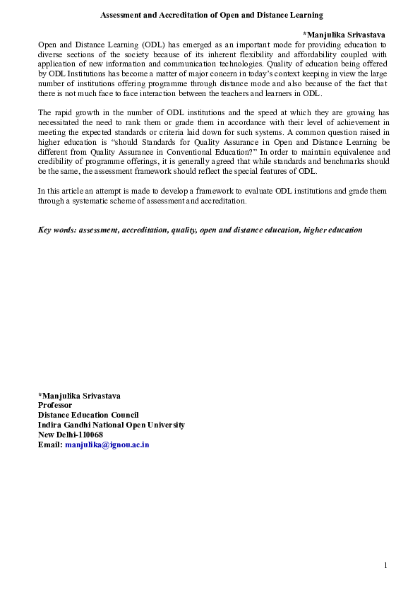 (DOC) Assessment and Accreditation of Open and Distance Learning