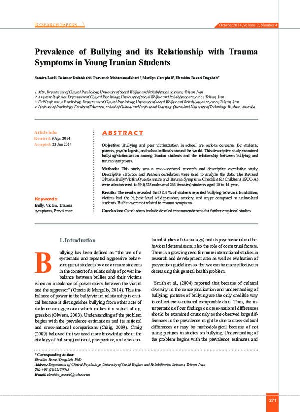 (PDF) Prevalence of Bullying and its Relationship with Trauma Symptoms