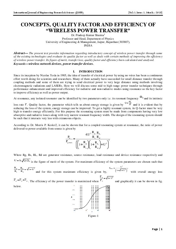 CONCEPTS, QUALITY FACTOR AND EFFICIENCY OF " WIRELESS POWER TRANSFER
