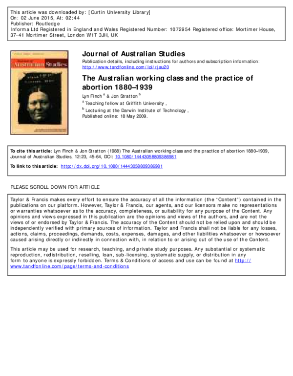 (PDF) The Australian working class and the practice of abortion 1880 1939