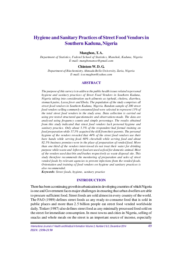 Pdf Hygiene And Sanitary Practices Of Street Food Vendors In Southern