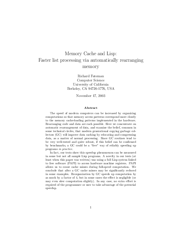 (PDF) Memory Cache and Lisp: Faster list processing via automatically ...