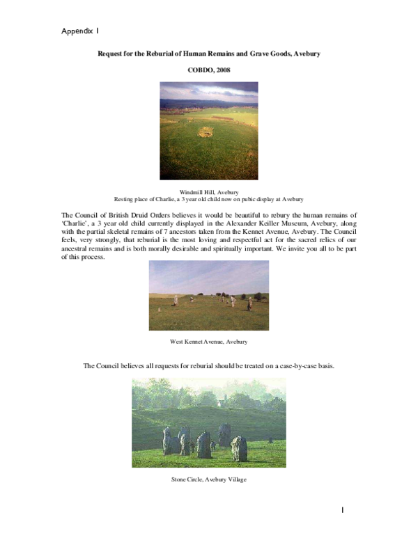 First page of “Request for the Reburial of Ancestral Human Remains at Avebury, Wiltshire (2008)”