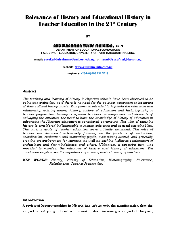 (PDF) HISTORY AND HISTORY OF EDUCATION RELEVANCE IN THE 21ST CENTURY