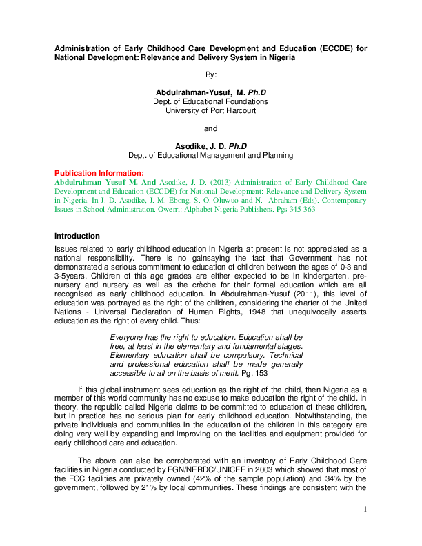 (PDF) Administration of Early Childhood Care Development and Education ...