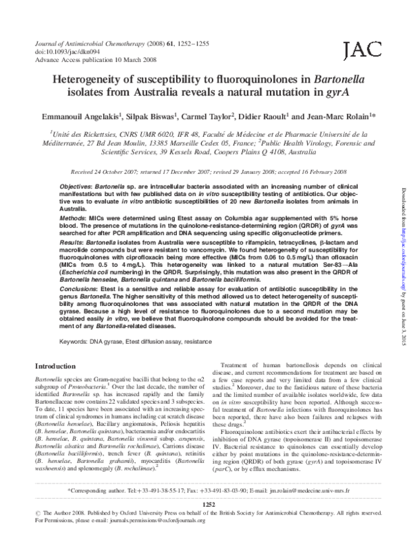 (PDF) Heterogeneity of susceptibility to fluoroquinolones in Bartonella