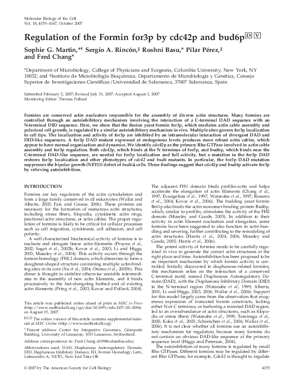 (PDF) Regulation of the Formin for3p by cdc42p and bud6p