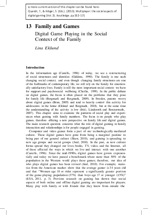 (PDF) Family and Games: Digital Game Playing in the Social Context of ...