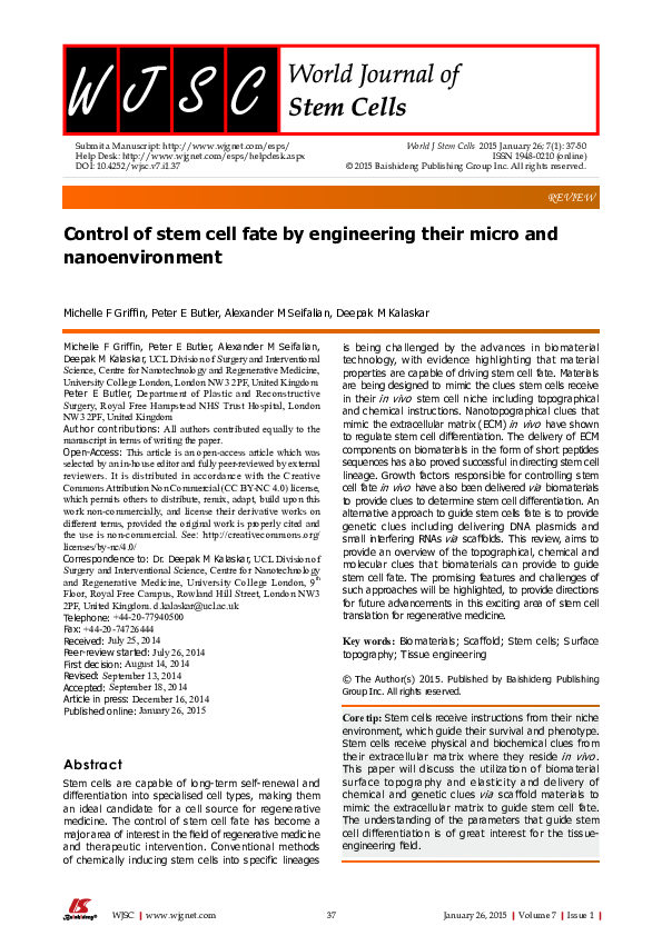 (PDF) Control of stem cell fate by engineering their micro and ...