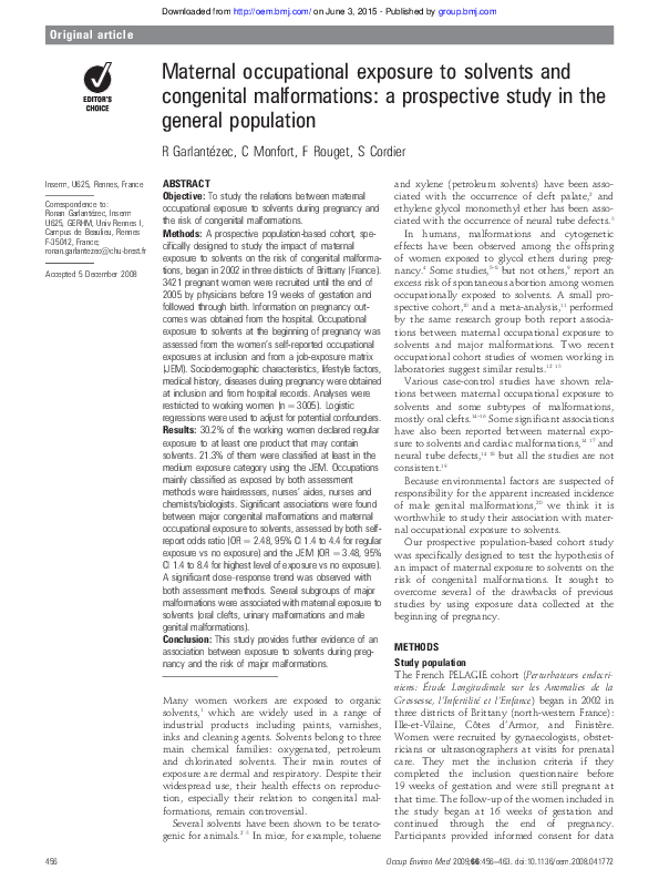 (PDF) Maternal occupational exposure to solvents and congenital ...