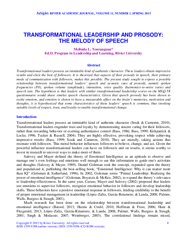 (PDF) Transformational leadership and prosody: The melody of speech