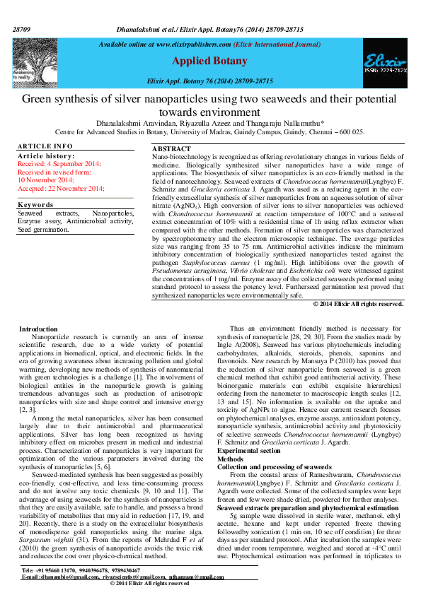 (PDF) Green synthesis of silver nanoparticles using two seaweeds and ...