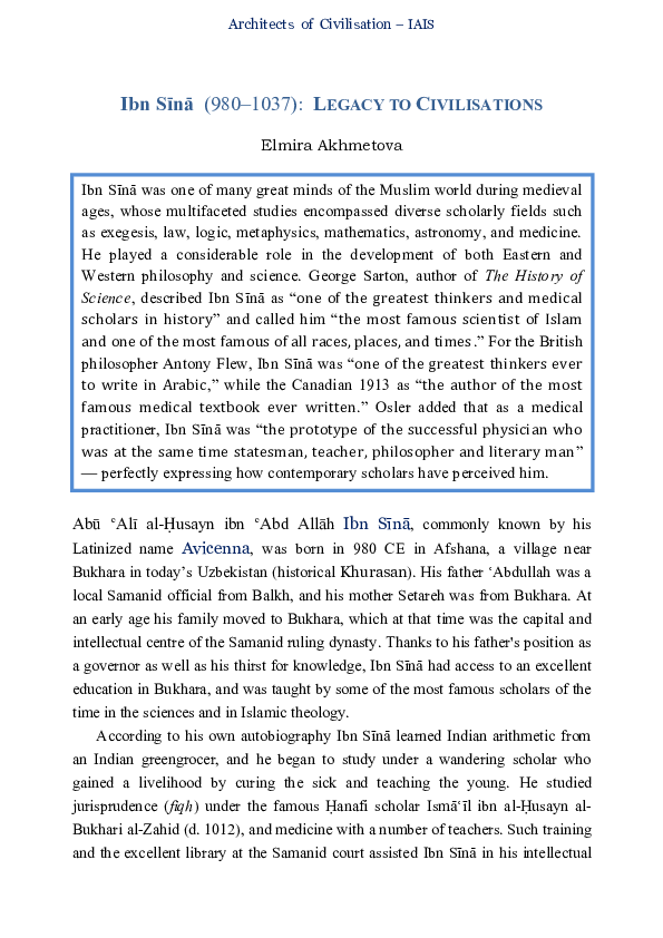 (PDF) Ibn Sina Legacy to Civilisations Elmira Akhmetova Academia.edu