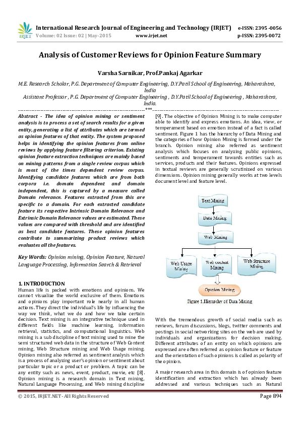 (PDF) IRJET-Analysis of Customer Reviews for Opinion Feature Summary