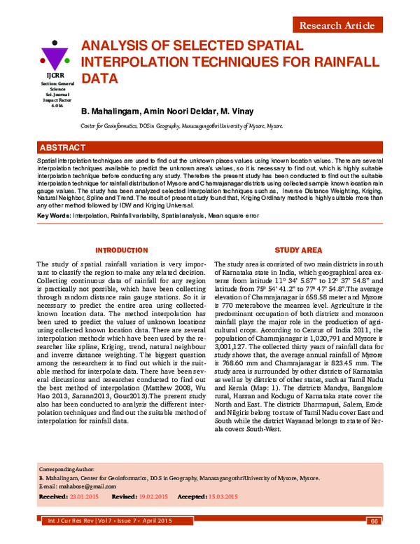 ANALYSIS OF SELECTED SPATIAL INTERPOLATION TECHNIQUES FOR RAINFALL DATA