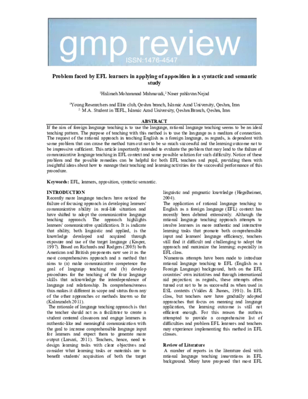 (PDF) Problem faced by EFL learners in applying of apposition in a ...