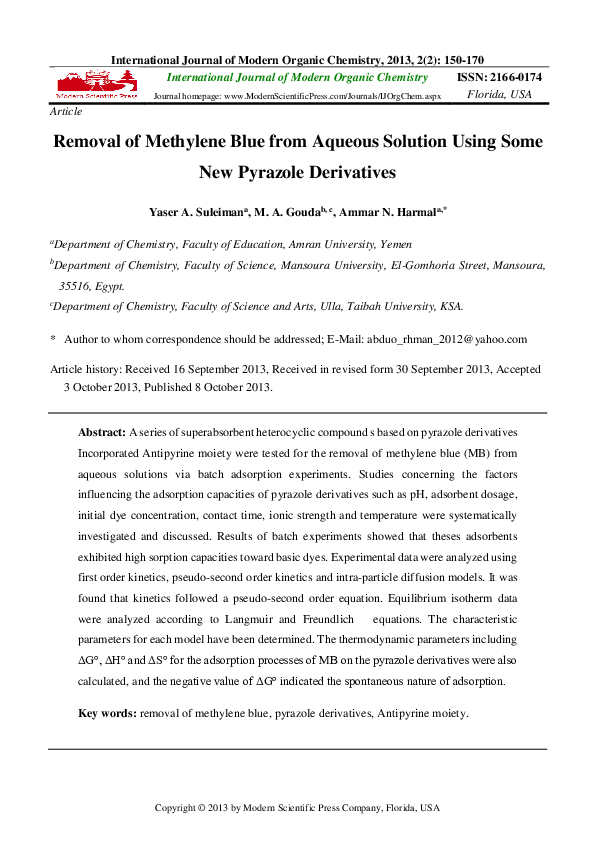(PDF) Removal of Methylene Blue from Aqueous Solution Using Some New ...