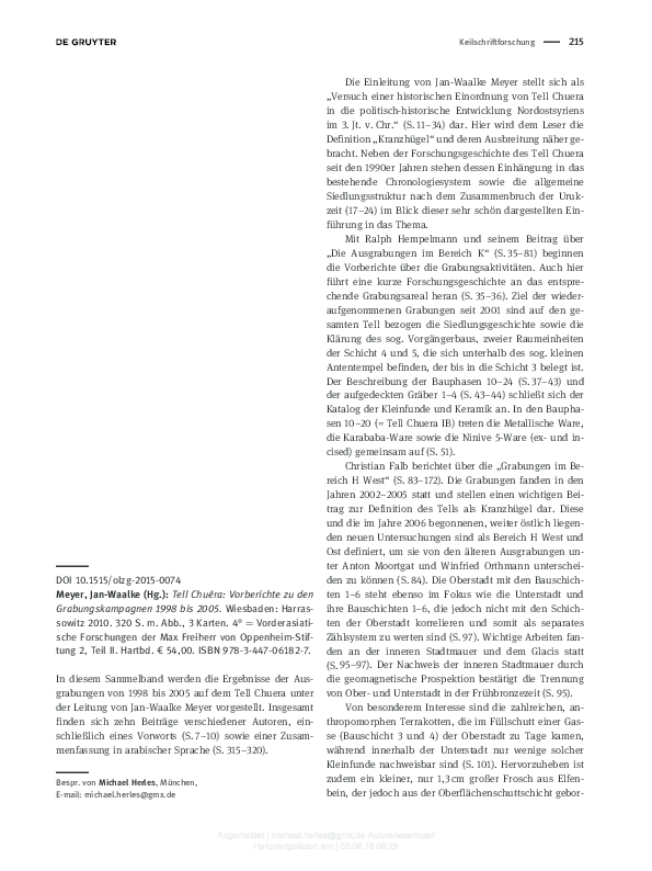 (PDF) Review of Jan-Waalke Meyer (Hrsg.), Tell Chuera: Vorberichte zu ...