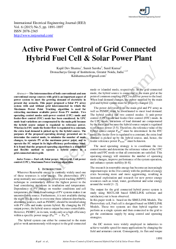 (PDF) Active Power Control of Grid Connected Hybrid Fuel Cell & Solar ...