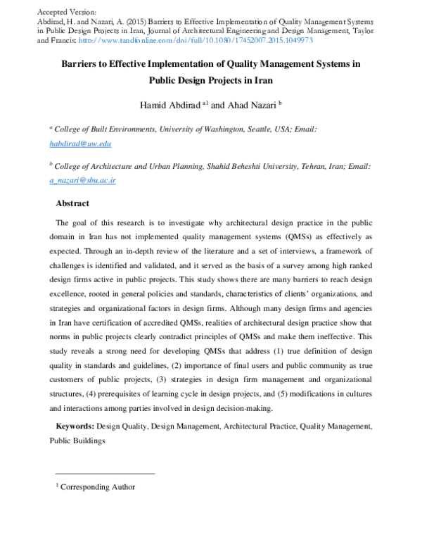 (PDF) Barriers to Effective Implementation of Quality Management ...