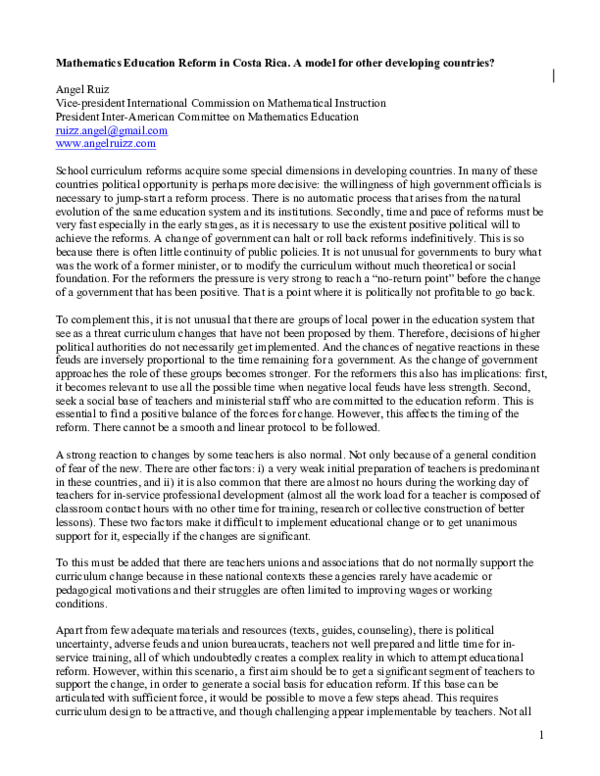 (PDF) Mathematics Education Reform in Costa Rica. A model for other ...