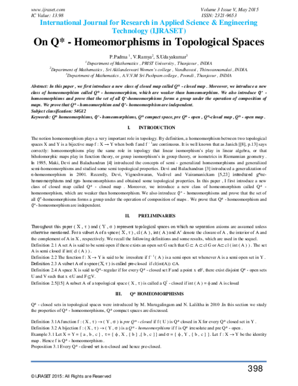 Pdf On Q Homeomorphisms In Topological Spaces Dr Padma Prithivirajan Academia Edu