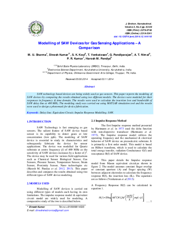 (PDF) Modelling of SAW Devices for Gas Sensing Applications – A Comparison