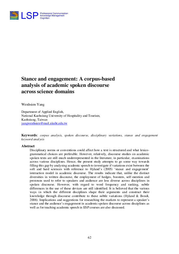 (PDF) Stance and engagement: A corpus-based analysis of academic spoken ...
