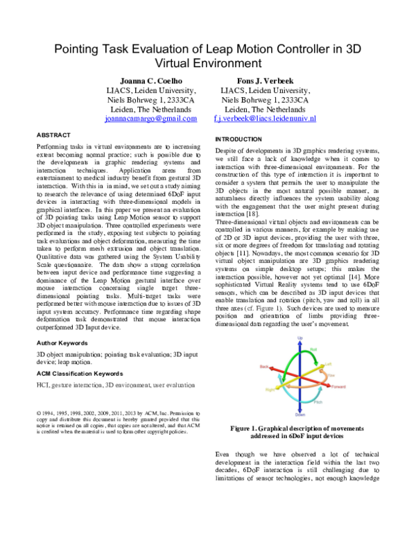 (PDF) Pointing Task Evaluation of Leap Motion Controller in 3D Virtual ...