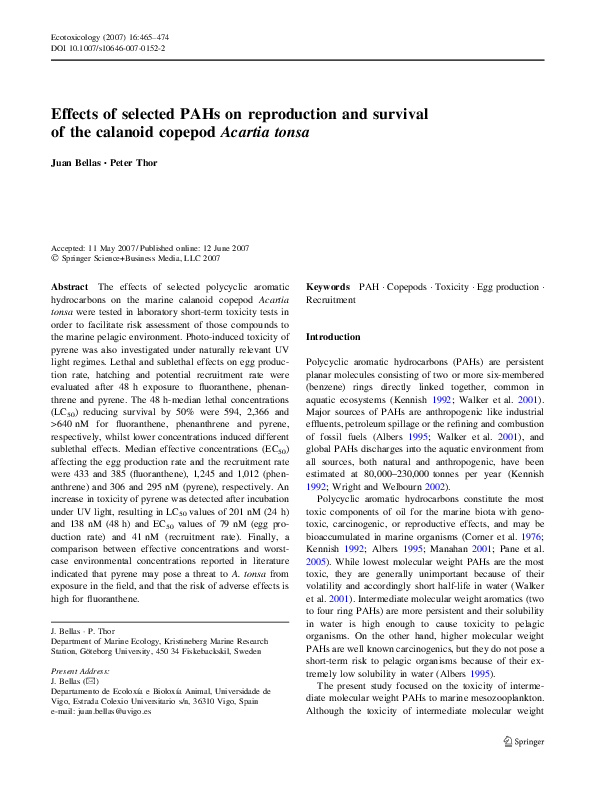 (PDF) Effects of selected PAHs on reproduction and survival of the ...