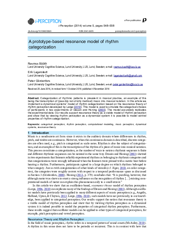 (PDF) A prototype-based resonance model of rhythm categorization