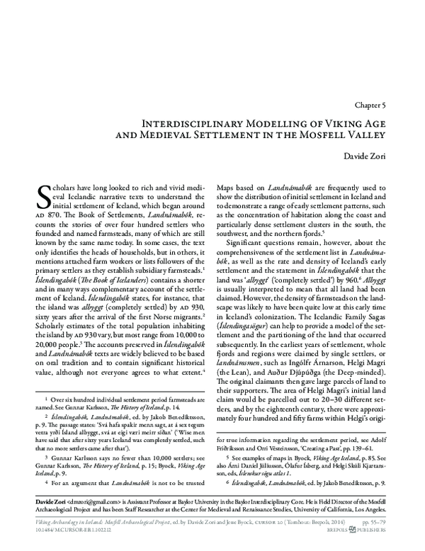 Interdisciplinary Modelling of Viking Age and Medieval Settlement in the Mosfell Valley. 2014