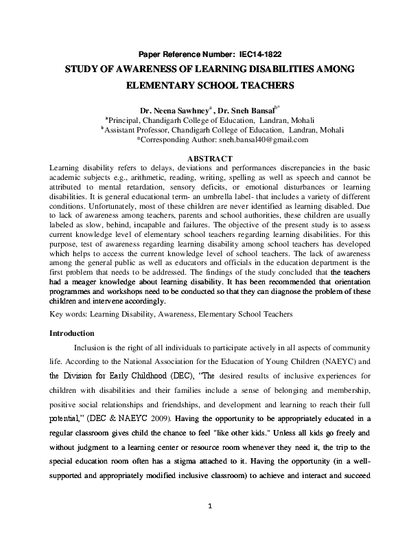 (PDF) STUDY OF AWARENESS OF LEARNING DISABILITIES AMONG ELEMENTARY ...