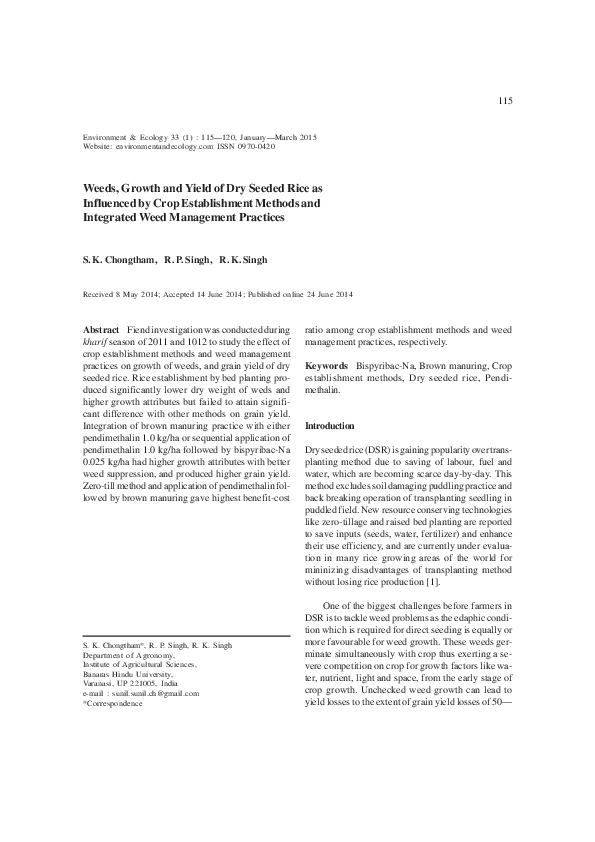 (PDF) Weeds, Growth and Yield of Dry Seeded Rice as Influenced by Crop ...