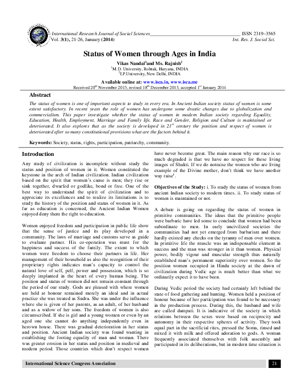 (PDF) Status of Women through Ages in India